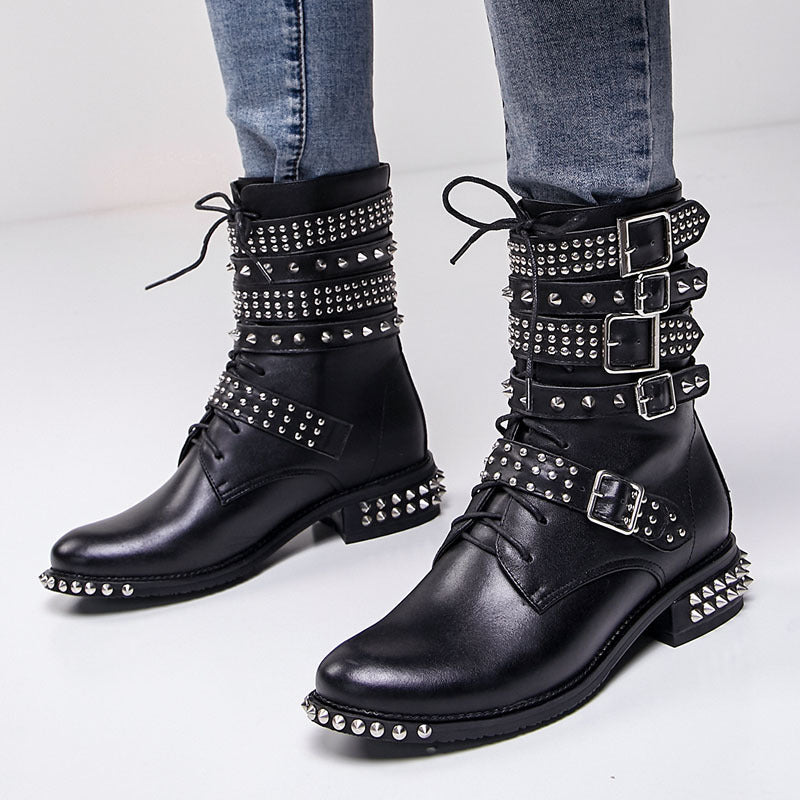 Boots - Women Lace-Up Boots- Angie- Fashion Round Toe Studs