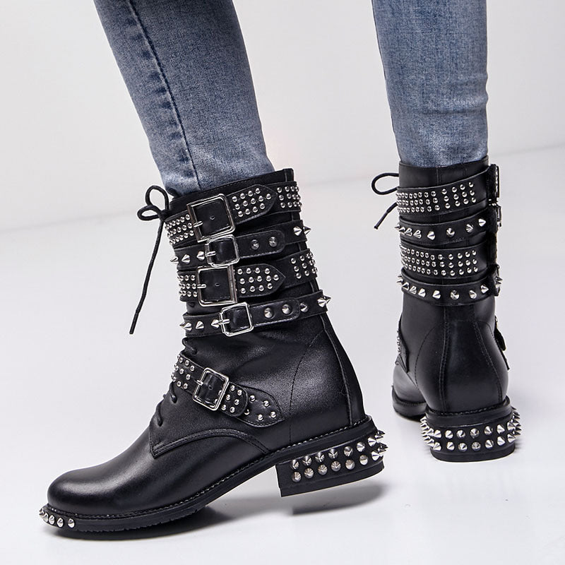 Boots - Women Lace-Up Boots- Angie- Fashion Round Toe Studs