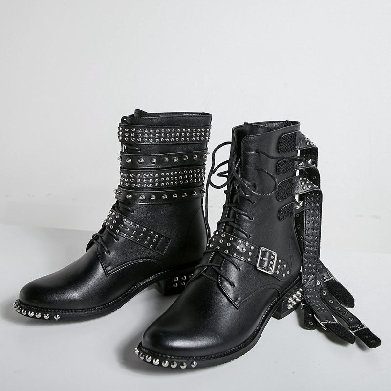 Boots - Women Lace-Up Boots- Angie- Fashion Round Toe Studs
