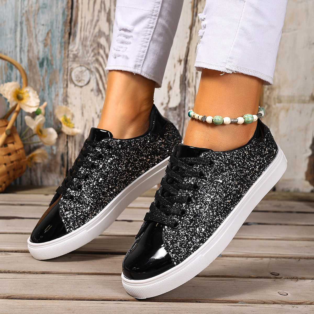 A Women Sneaker- Sequined Front Lace-up Solid Colors - Carla