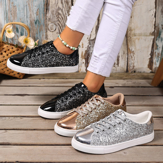 A Women Sneaker- Sequined Front Lace-up Solid Colors - Carla