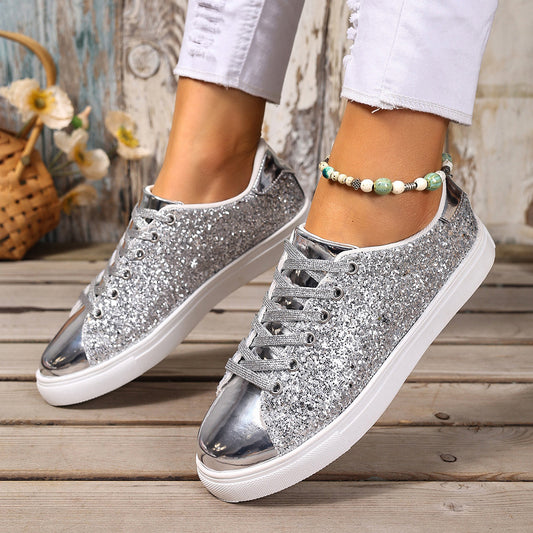 A Women Sneaker- Sequined Front Lace-up Solid Colors - Carla