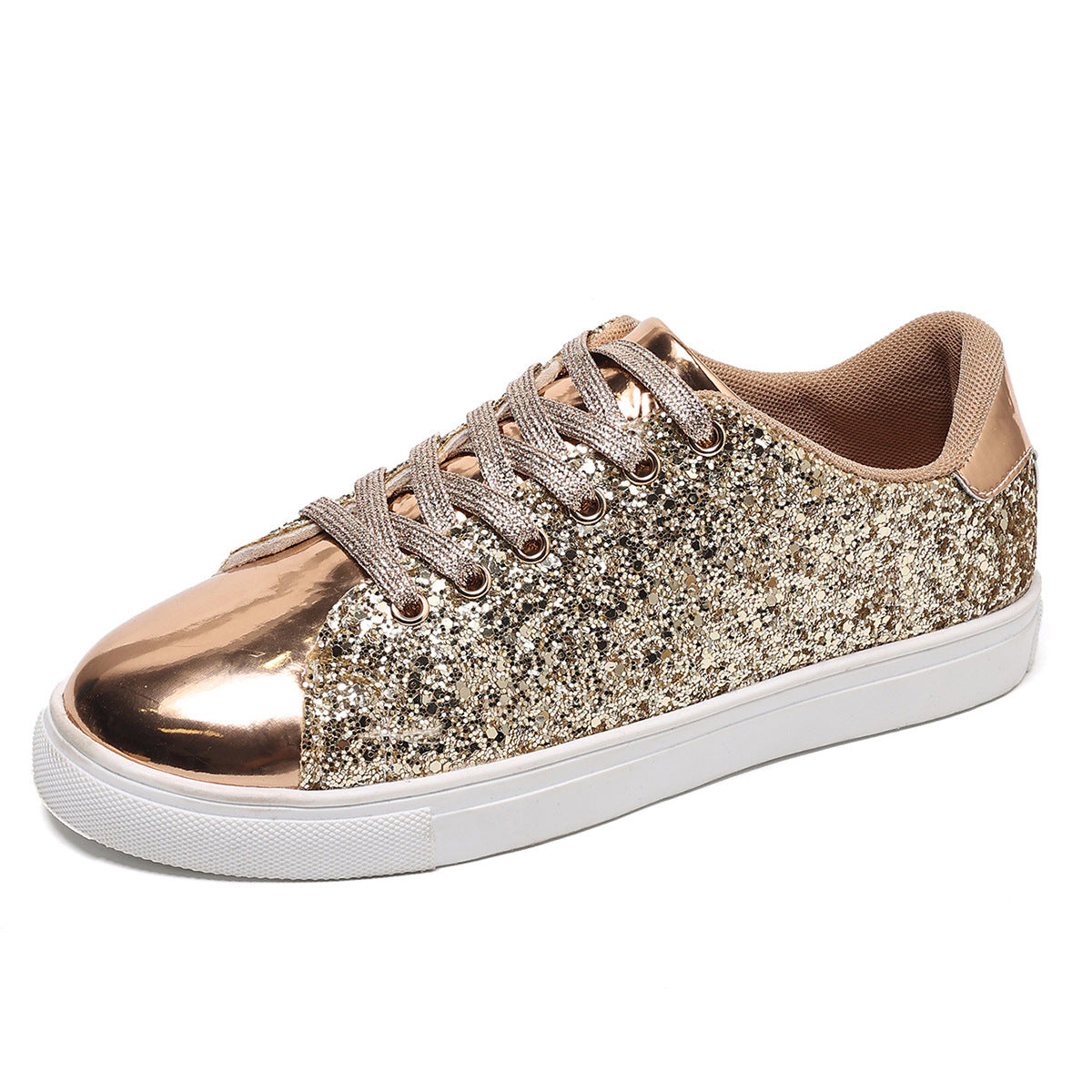 A Women Sneaker- Sequined Front Lace-up Solid Colors - Carla