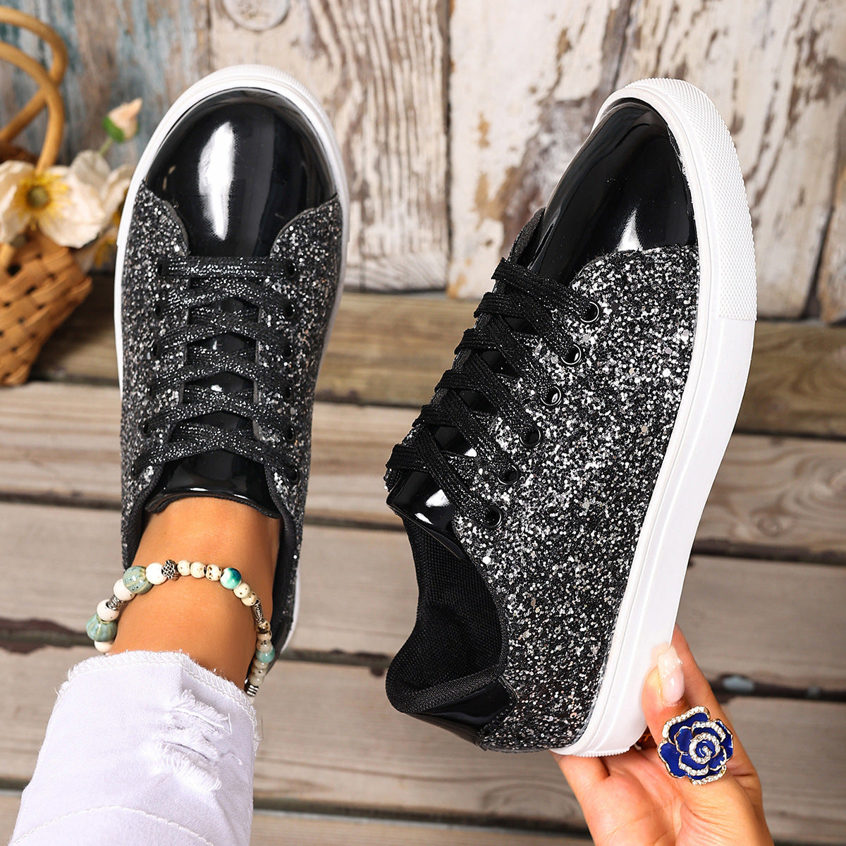 A Women Sneaker- Sequined Front Lace-up Solid Colors - Carla