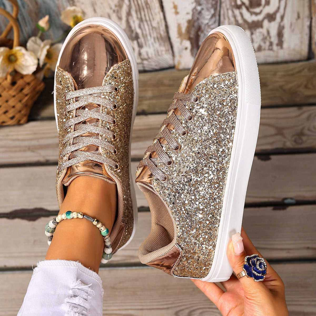 A Women Sneaker- Sequined Front Lace-up Solid Colors - Carla