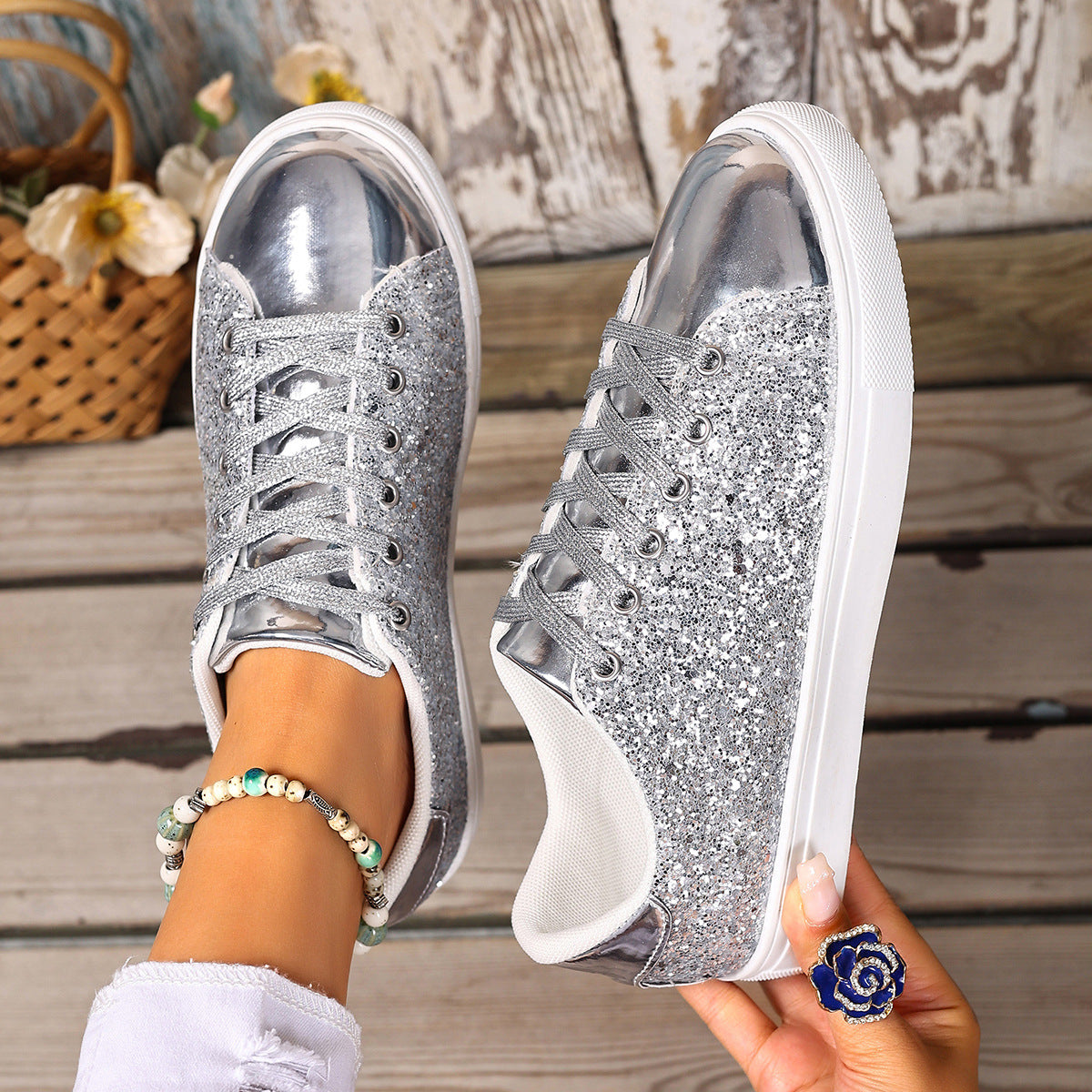 A Women Sneaker- Sequined Front Lace-up Solid Colors - Carla