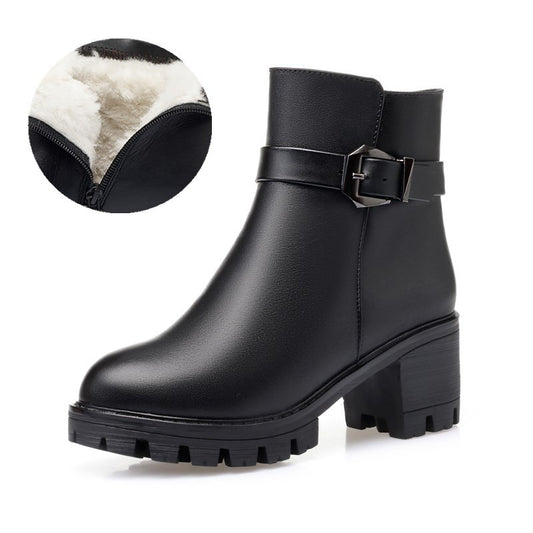 Boots - Janice - Women Leather Short boots- Low Heel Comfort Buckle