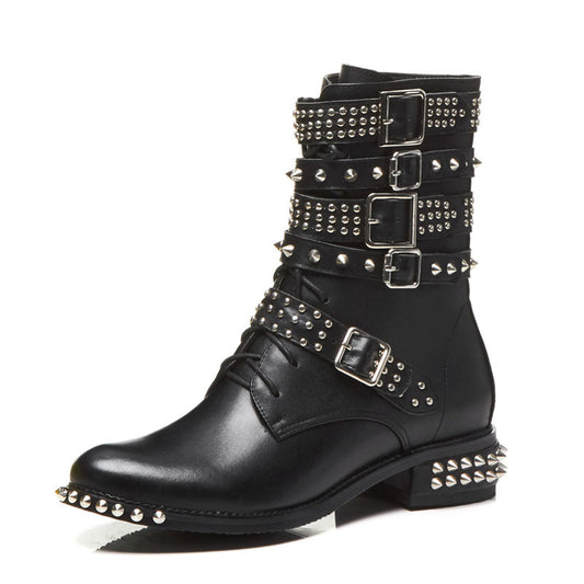 Boots - Women Lace-Up Boots- Angie- Fashion Round Toe Studs